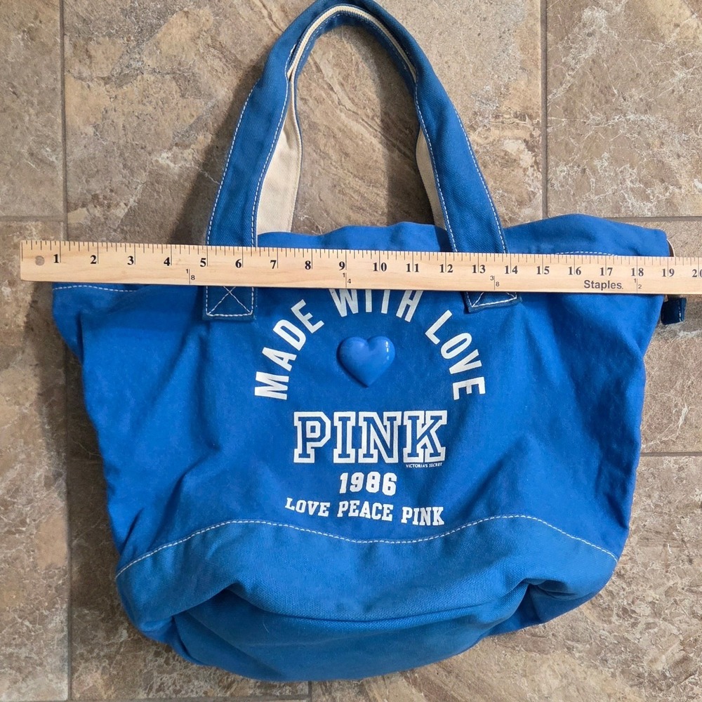 Victoria's Secret PINK Blue Canvas Tote Bag Made With Love 1986 Zip Top - Picture 3 of 13